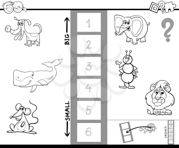 Black and White Cartoon Illustration of Educational Game of Finding the Biggest and the Smallest Animal Coloring Book