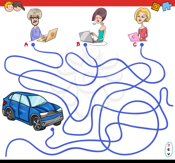 Cartoon Illustration of Paths or Maze Puzzle Activity Game with People with Laptops and Car