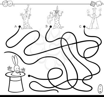 Black and White Cartoon Illustration of Paths or Maze Puzzle Activity Game with Wizard Characters and Rabbit in a Hat Coloring Book