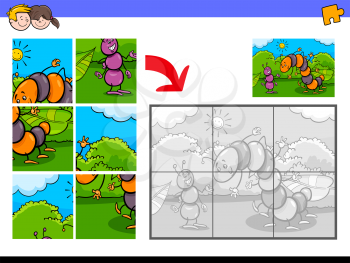 Cartoon Illustration of Educational Jigsaw Puzzle Activity Game for Children with Caterpillar and Ant Insect Characters