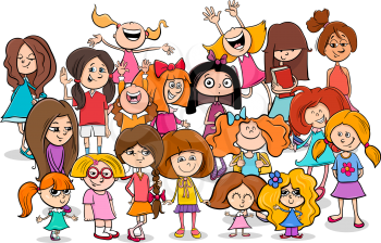 Cartoon Illustration of Elementary School Age Children Girls or Teenager Characters Group