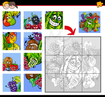 Cartoon Illustration of Educational Jigsaw Puzzle Activity Game for Children with Fruit Characters