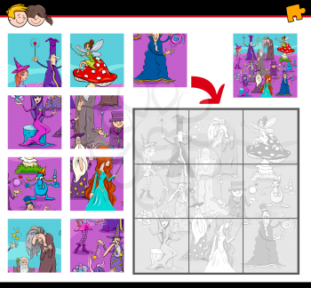 Cartoon Illustration of Educational Jigsaw Puzzle Activity Game for Children with Wizards and Witches Fantasy Characters