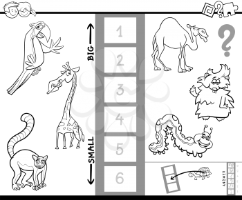 Black and White Cartoon Illustration of Educational Activity Game of Finding the Biggest and the Smallest Animal Creature Coloring Book
