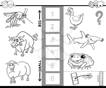 Black and White Cartoon Illustration of Educational Activity Game of Finding the Biggest and the Smallest Animal Species Coloring Book