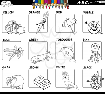 Black and White Cartoon Illustration of Main Colors Educational Workbook Set for Children with Comic Characters 