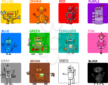 Cartoon Illustration of Main Colors with Fantasy Robot Characters Educational Set for Preschool Children