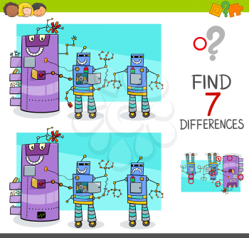 Cartoon Illustration of Finding Differences Between Pictures Educational Activity Game for Kids with Comic Robot Characters Group