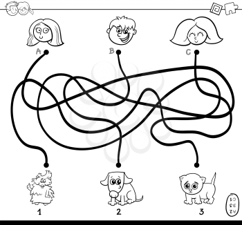 Black and White Cartoon Illustration of Paths or Maze Puzzle Activity Game with Children and Pet Characters Coloring Book