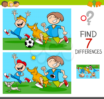 Cartoon Illustration of Finding Differences Between Pictures Educational Activity Game with Funny Playful Children Characters with Dogs