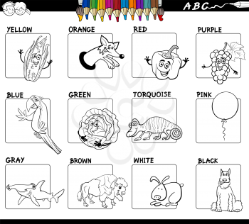 Black and White Cartoon Illustration of Basic Colors Educational Workbook Set for Children with Comic Characters 