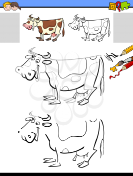Cartoon Illustration of Drawing and Coloring Educational Activity for Children with Milker Cow Farm Animal Character