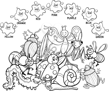 Black and White Cartoon Illustration of Primary Basic Colors Educational Page for Children with Insects Animal Characters Coloring Book