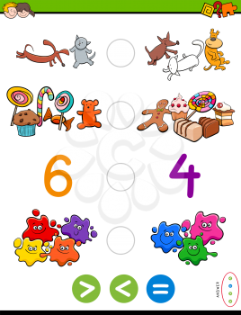 Cartoon Illustration of Educational Mathematical Activity Game of Greater Than, Less Than or Equal to for Children