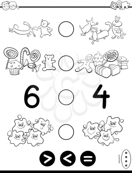 Black and White Cartoon Illustration of Educational Mathematical Activity Game of Greater Than, Less Than or Equal to for Children Coloring Book
