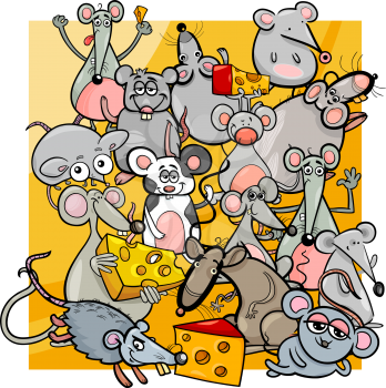 Cartoon Illustration of Cute Mice and Rats Rodent Characters Group with Cheese