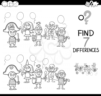 Black and White Cartoon Illustration of Finding Differences Between Pictures Educational Activity Game with Playful Children Characters on Masked Ball Coloring Book