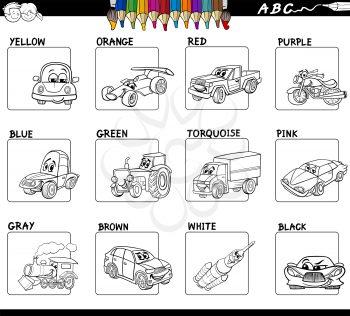 Black and White Cartoon Illustration of Basic Colors Educational Workbook Set for Children with Transportation Comic Characters 
