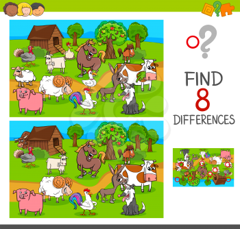 Cartoon Illustration of Finding Differences Between Pictures Educational Activity Game for Children with Comic Farm Animal Characters Group