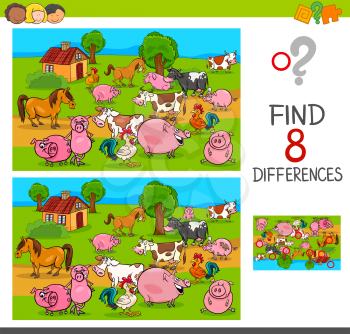 Cartoon Illustration of Finding Differences Between Pictures Educational Activity Game for Kids with Comic Farm Animal Characters Group