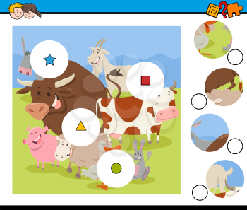 Cartoon Illustration of Educational Match the Elements Activity Game for Children with Farm Animal Characters