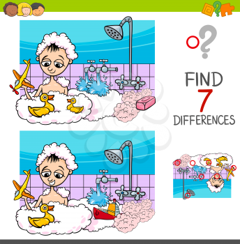 Cartoon Illustration of Finding Differences Between Pictures Educational Activity Game with Boy Character Playing in the Bath