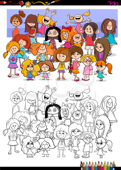 Cartoon Illustration of Girls Children Characters Group Coloring Book Activity