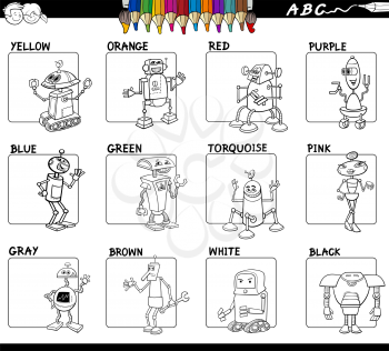 Black and White Cartoon Illustration of Basic Colors Educational Workbook Set for Children with Robots Comic Characters 