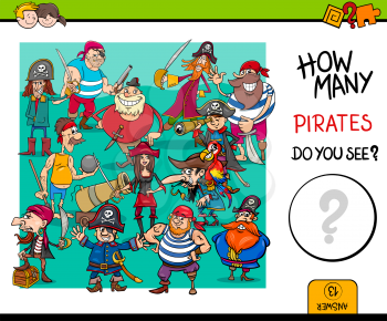 Cartoon Illustration of Educational Counting Activity Game for Children with Pirate Fantasy Characters