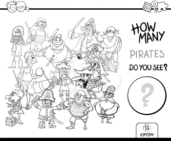 Black and White Cartoon Illustration of Educational Counting Activity Game for Children with Pirate Fantasy Characters Coloring Page