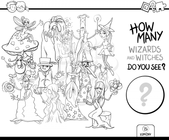 Black and White Cartoon Illustration of Educational Counting Activity Game for Children with Wizards and Witches Fantasy Characters Coloring Page