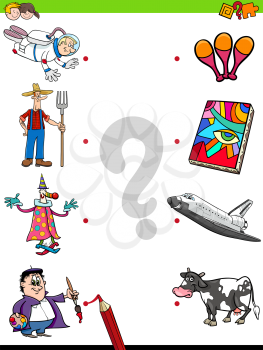 Cartoon Illustration of Educational Pictures Matching Game for Children with Professional People Characters and Objects
