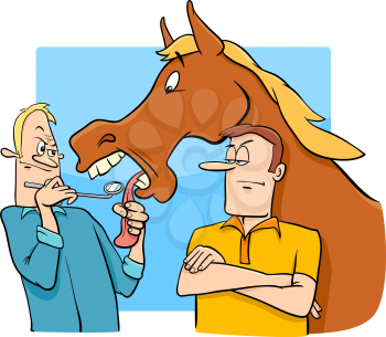 Cartoon Humorous Concept Illustration of Looking a Gift Horse in the Mouth Saying or Proverb