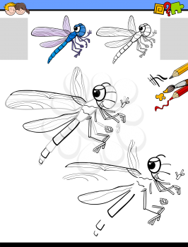 Cartoon Illustration of Drawing and Coloring Educational Activity for Children with Dragonfly Insect Animal Character