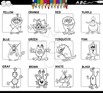 Black and White Cartoon Illustration of Basic Colors Educational Workbook Set for Children with Monsters Comic Characters 