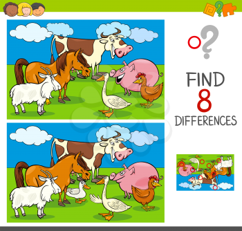 Cartoon Illustration of Finding Differences Between Pictures Educational Activity Game for Kids with Funny Farm Animal Characters Group