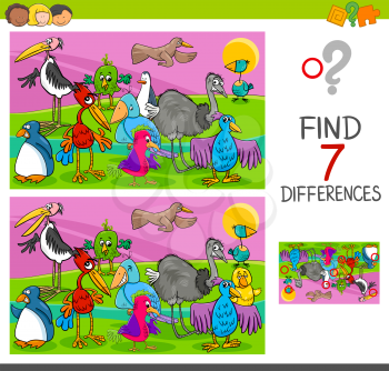 Cartoon Illustration of Searching Differences Between Pictures Educational Activity Game for Children with Colorful Birds Animal Characters Group