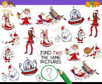 Cartoon Illustration of Finding Two Identical Pictures Educational Activity Game for Children with Funny Christmas Holiday Characters