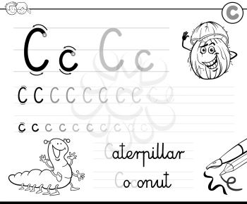 Black and White Cartoon Illustration of Writing Skills Practice with Letter C Worksheet for Preschool and Elementary Age Children Coloring Book