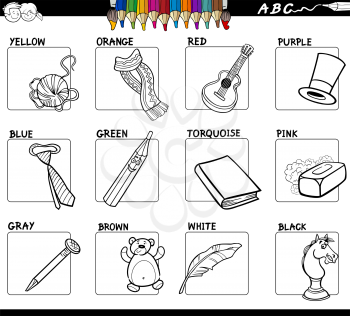 Black and White Cartoon Illustration of Basic Colors Educational Workbook Set for Children with Objects 