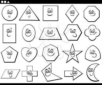 Black and White Cartoon Illustration of Basic Geometric Shapes Funny Characters for Children Education