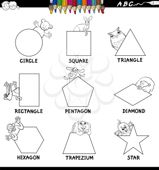 Black and White Cartoon Illustration of Basic Shapes Educational Workbook Set for Children with Animal Characters