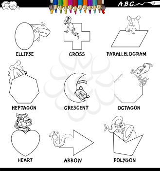 Black and White Cartoon Illustration of Basic Shapes Educational Workbook Set for Children with Animals Characters
