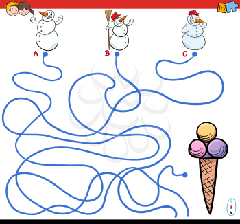 Cartoon Illustration of Paths or Maze Puzzle Activity Game with Snowman Characters and Ice Cream