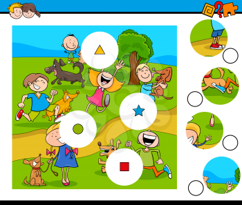 Cartoon Illustration of Educational Match the Pieces Jigsaw Puzzle Game for Children with Happy Kids and Pets
