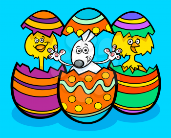 Cartoon Illustration of Easter Bunny and Little Chickens in Colorful Eggshells of Easter Eggs