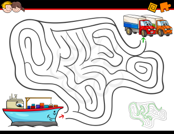 Cartoon Illustration of Education Maze or Labyrinth Activity Game for Children with Container Ship and Trucks