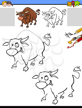 Cartoon Illustration of Drawing and Coloring Educational Activity for Children with Chicken Bull Farm Animal Character