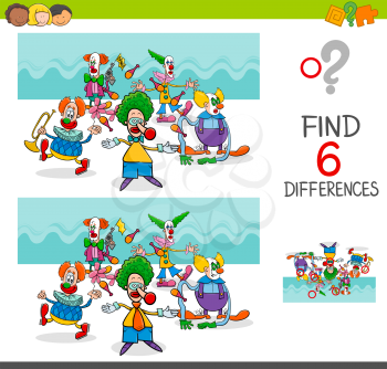 Cartoon Illustration of Finding Eight Differences Between Pictures Educational Activity Game for Kids with Clown Characters Group