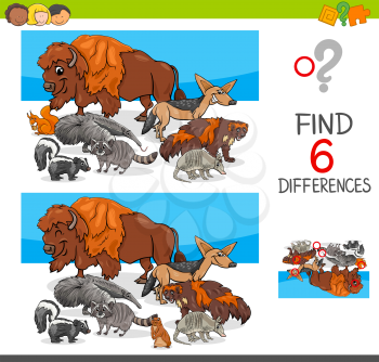 Cartoon Illustration of Finding Six Differences Between Pictures Educational Activity Game for Kids with Wild Animal Characters Group